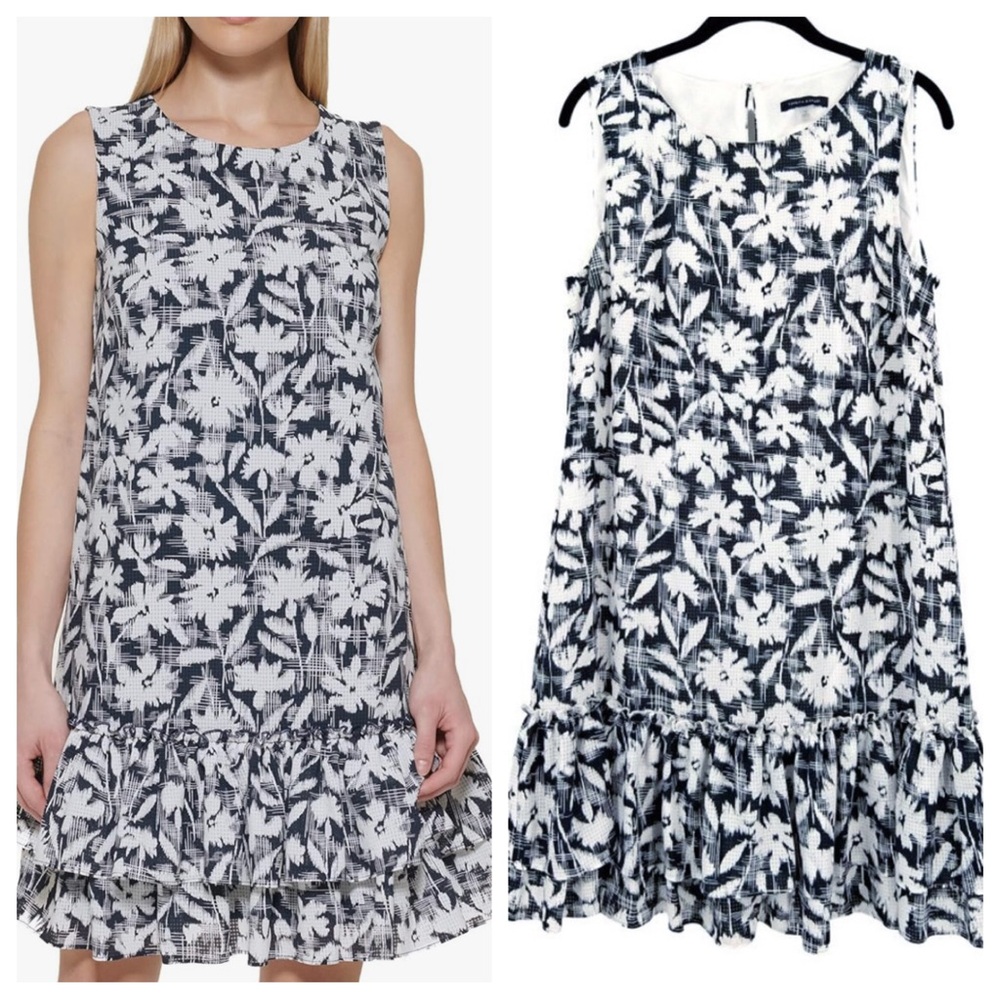 Tommy Hilfiger Blue White Floral Sleeveless Ruffle Hem Dress Size 10